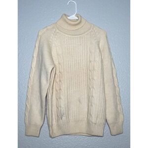 VTG Lincoln Wool Sweater Women's Large Ivory Chunky Knit Turtleneck Spots